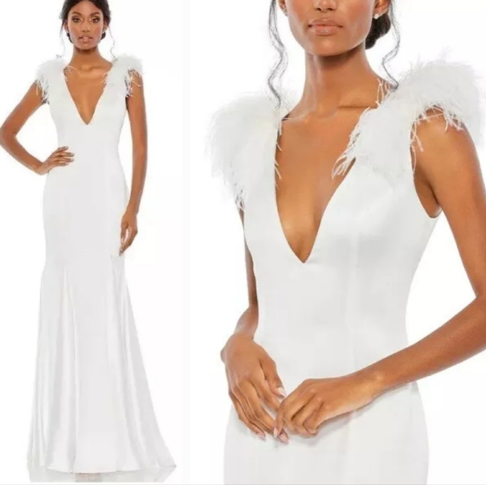 NWT Mac Duggal 68137‎ Feather Shoulder V Neck Column Satin Bridal Gown White 4
